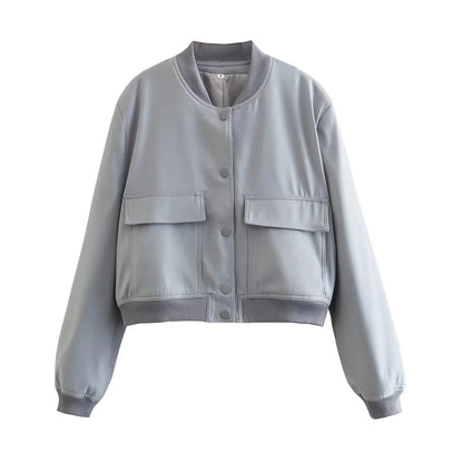 Fashionable Women's Bomber Jacket Coats with Pockets and Long Sleeves