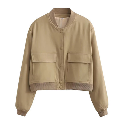 Fashionable Women's Bomber Jacket Coats with Pockets and Long Sleeves