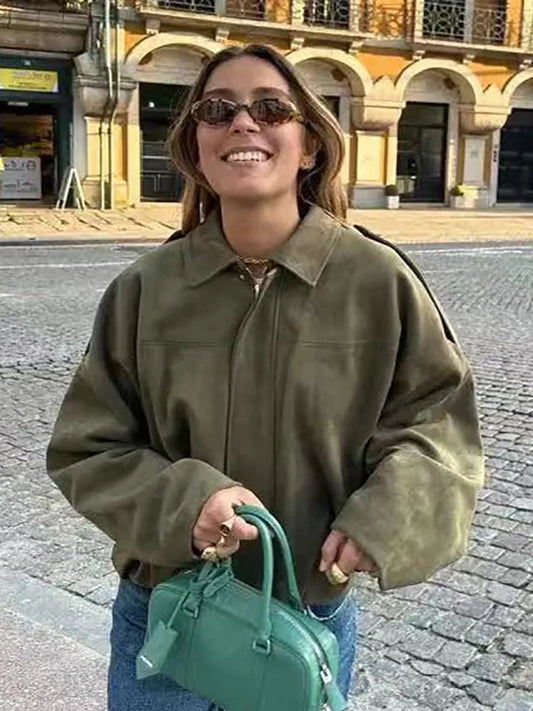Vintage Green Oversized Women's Bomber Jacket Fashion 2025