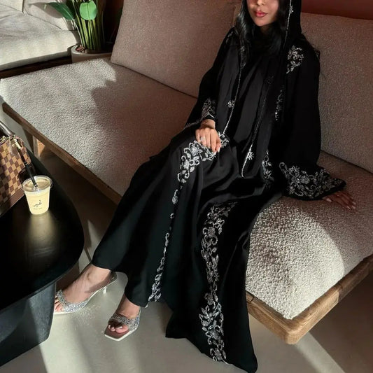 Abaya Muslim clothing women's black silver nail beads, high-end luxury