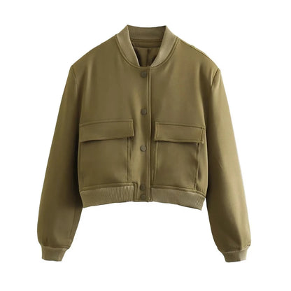 Fashionable Women's Bomber Jacket Coats with Pockets and Long Sleeves
