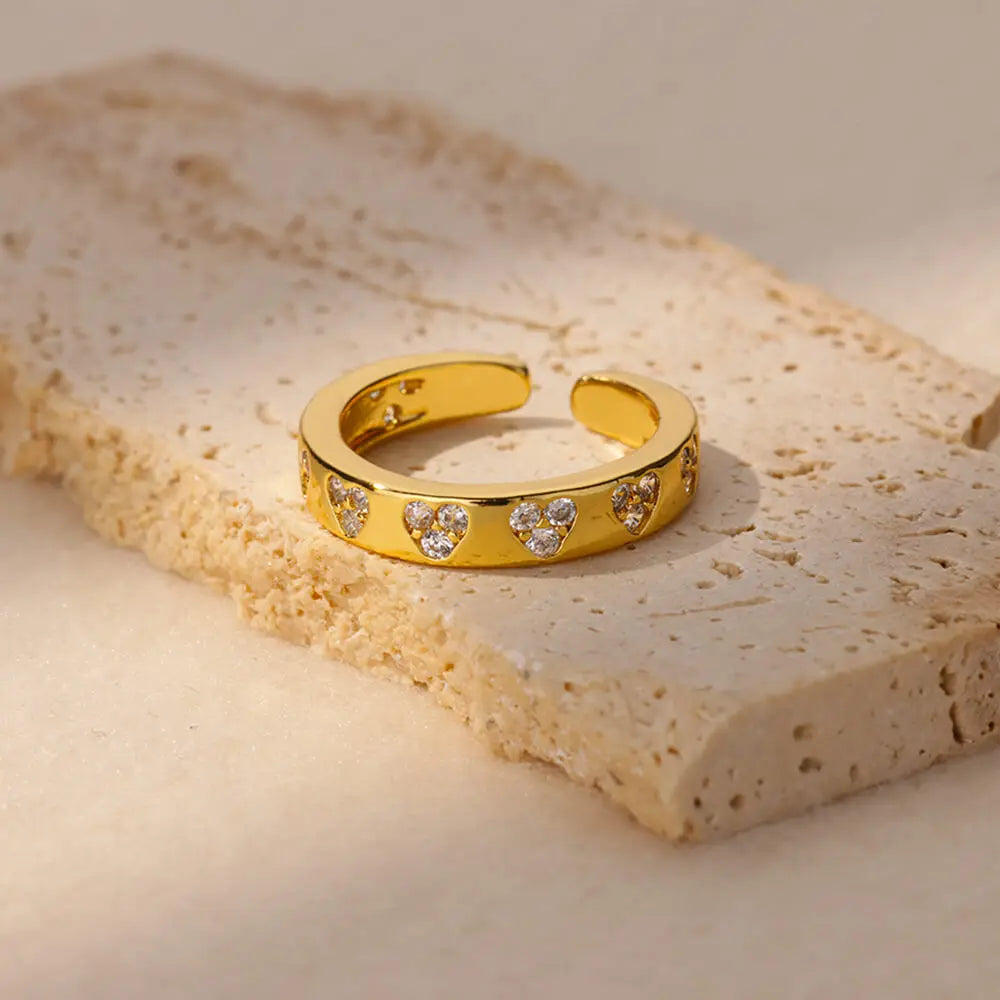 Geometric Zircon Heart Rings for Women, Gold Stainless Steel Wedding Band