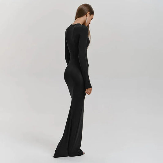 autumn new women's solid color round neck long sleeve long dress women