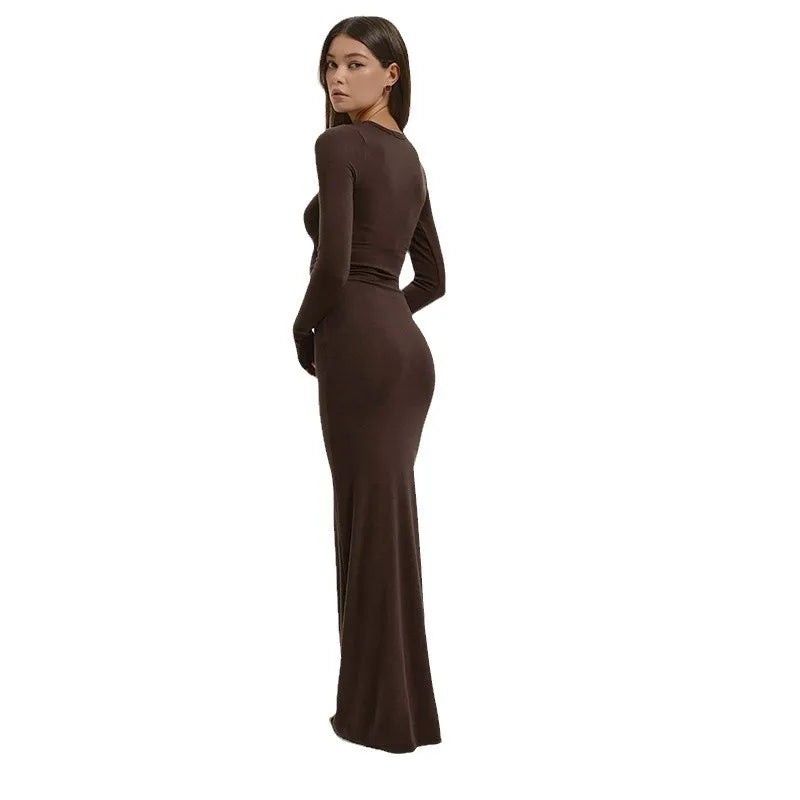 autumn new women's solid color round neck long sleeve long dress women