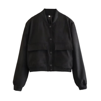 Fashionable Women's Bomber Jacket Coats with Pockets and Long Sleeves