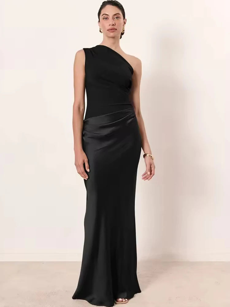 Patchwork Satin Sexy One Shoulder Women Maxi