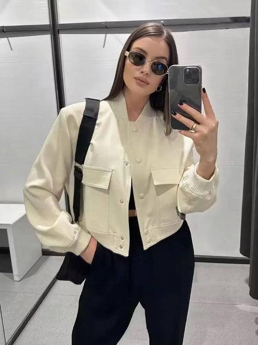 Fashionable Women's Bomber Jacket Coats with Pockets and Long Sleeves