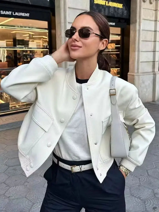 Fashionable Women's Bomber Jacket Coats with Pockets and Long Sleeves