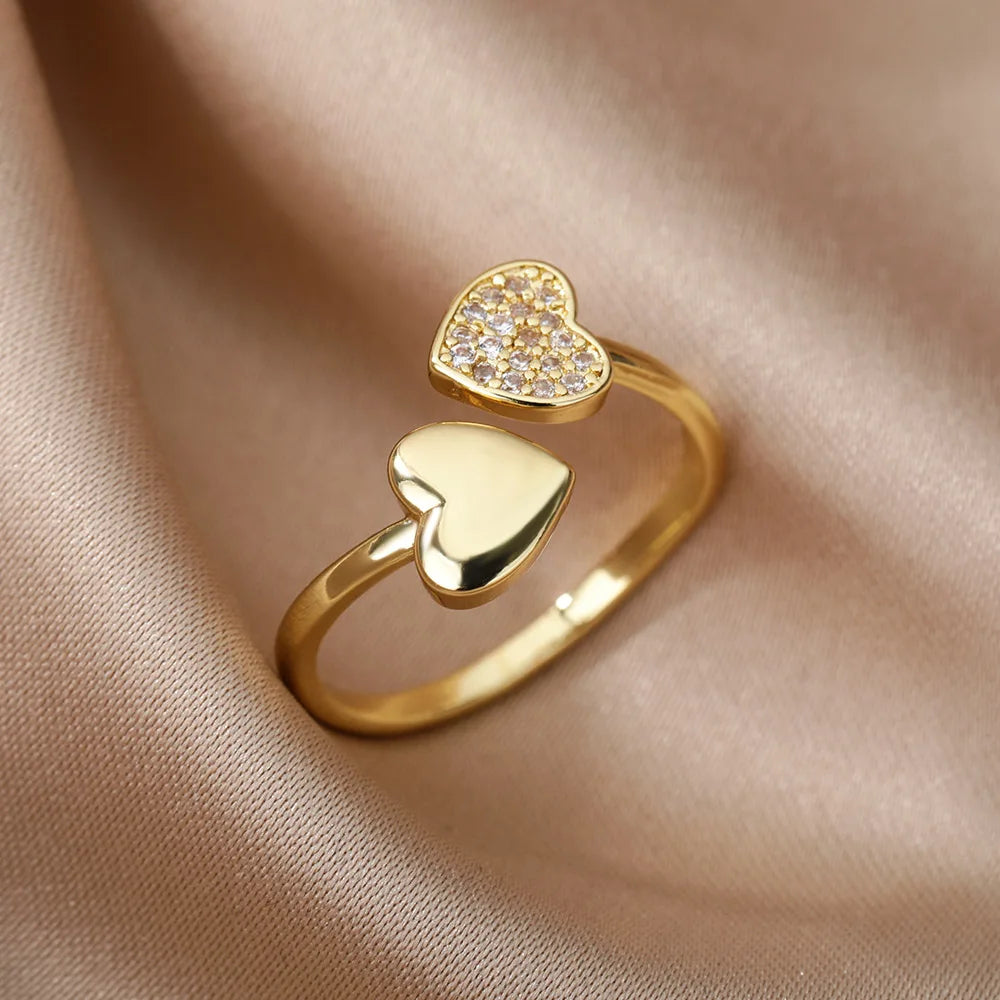 Geometric Zircon Heart Rings for Women, Gold Stainless Steel Wedding Band