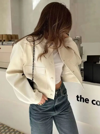 Fashionable Women's Bomber Jacket Coats with Pockets and Long Sleeves