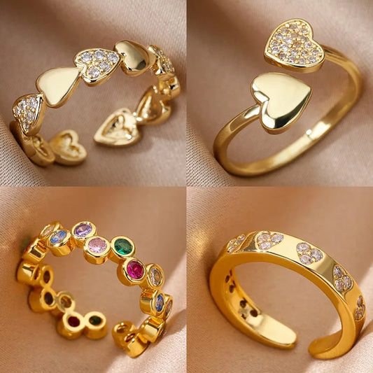 Geometric Zircon Heart Rings for Women, Gold Stainless Steel Wedding Band